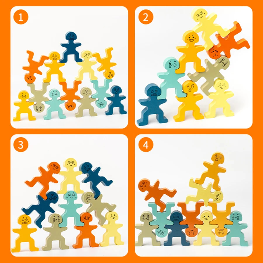 Four sets of wooden balance stacking blocks for kids showing various colors and shapes stacked in groups.