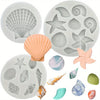 A silicone baking mold set featuring various sea creatures and shells in pastel and natural tones.