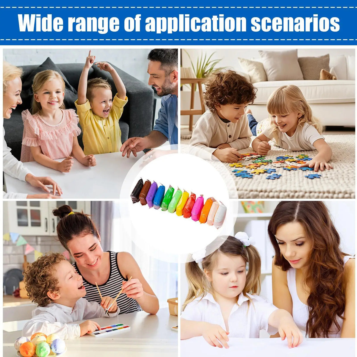 A diverse group of children and adults engaging in various application scenarios using a vibrant air dry clay set.