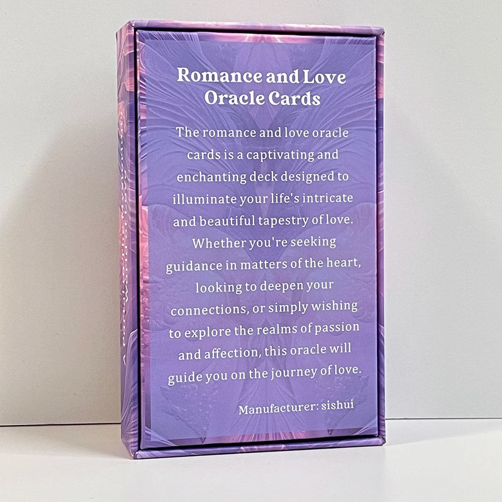 A box of Romance and Love Oracle Cards featuring purple packaging and text about guidance in love.