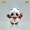 A cute panda collectible figure dressed in a brown suit and red and white striped candy cane bow