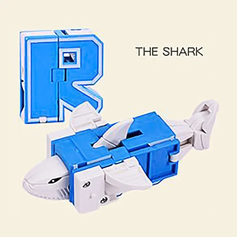 A blue and white alphabet robot toy set featuring the letter R, titled The Shark.