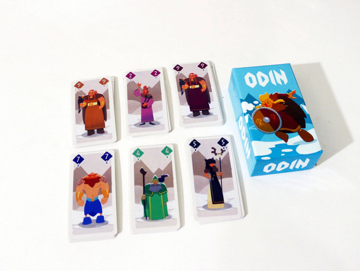 A collection of five cards featuring characters from the game Odin, displayed next to a blue box labeled ODIN.