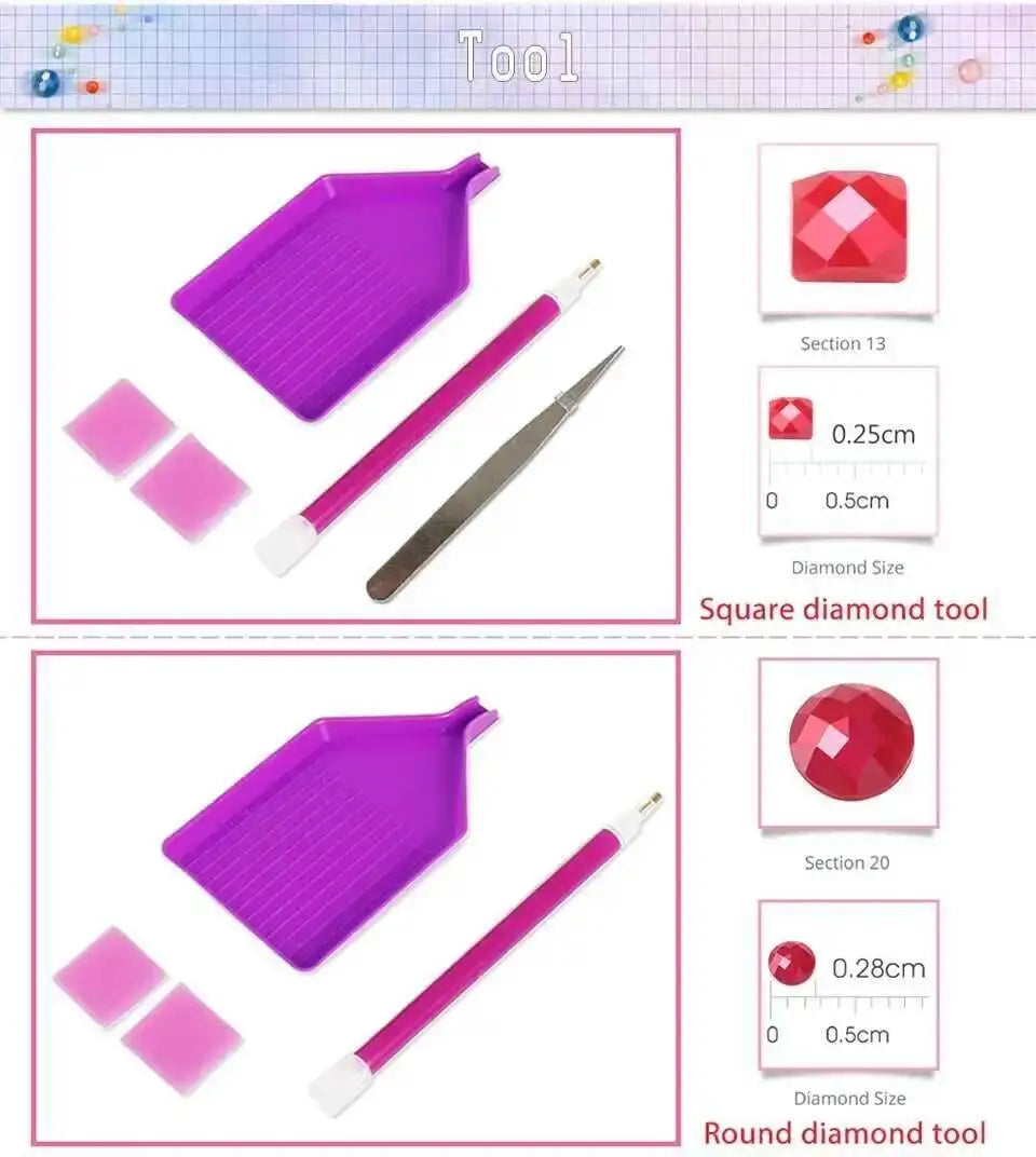 A set of diamond painting tools including a square tool and a round tool for creating art.