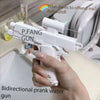 A hand holds a white P.FANG GUN water gun, ready to be rebound.
