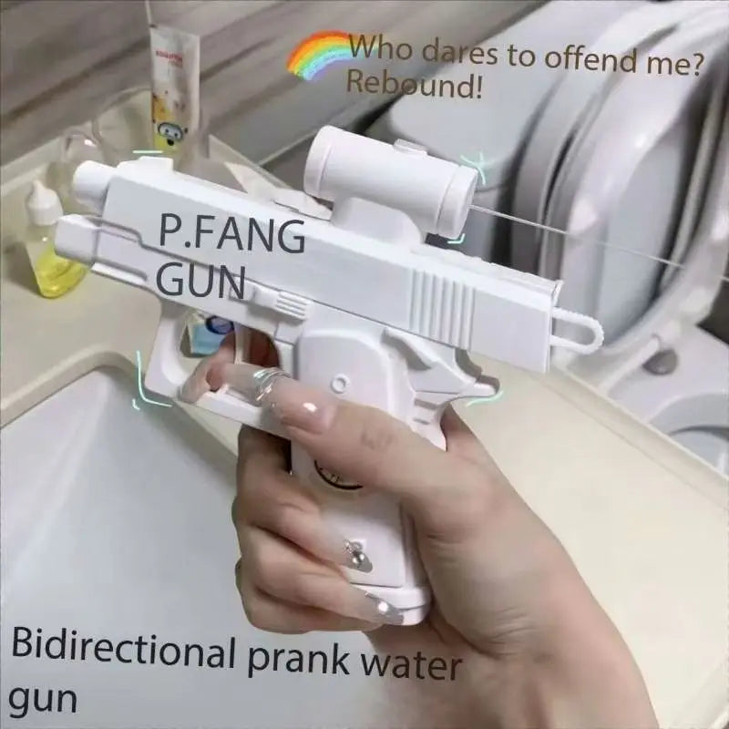 A hand holds a white P.FANG GUN water gun, ready to be rebound.