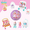 A collection of My Mini Baby Surprise Capsule Dolls in various outfits and accessories, including a stroller and doll stands.