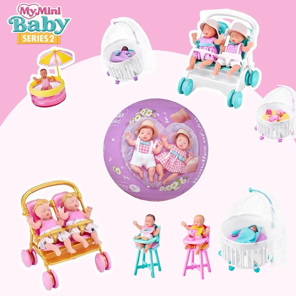 A collection of My Mini Baby Surprise Capsule Dolls in various outfits and accessories, including a stroller and doll stands.