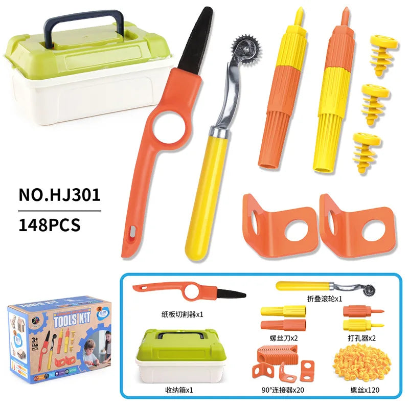 A set of 148 pieces of cardboard construction tools including a cutter, various tools, and a tool box.