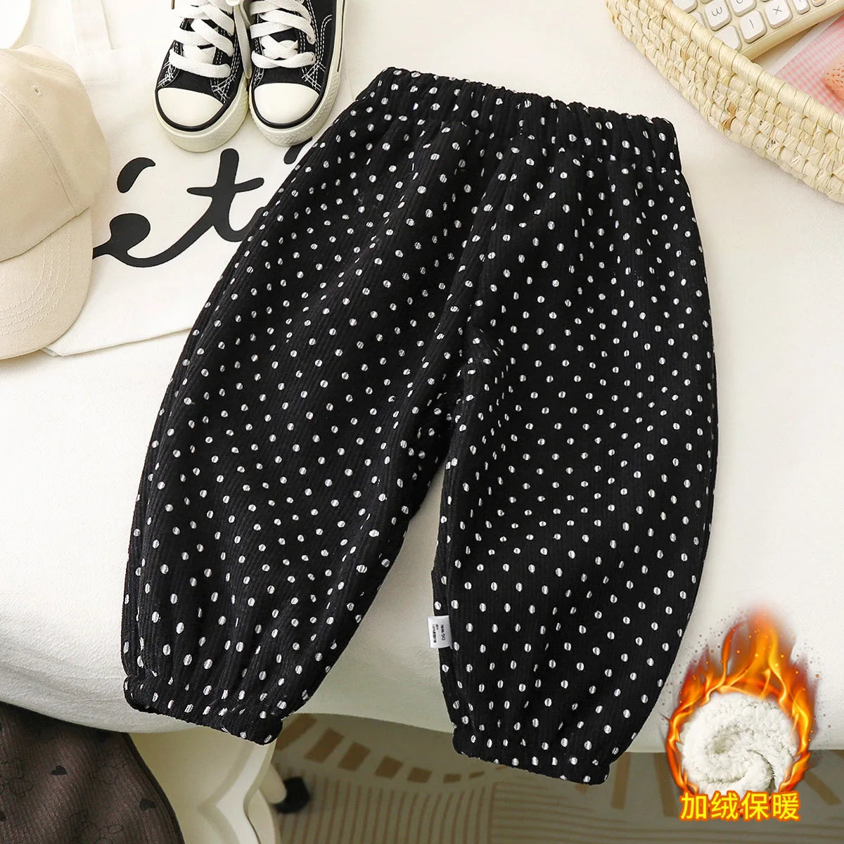 Black toddler corduroy overalls with white polka dots and heart embroidery