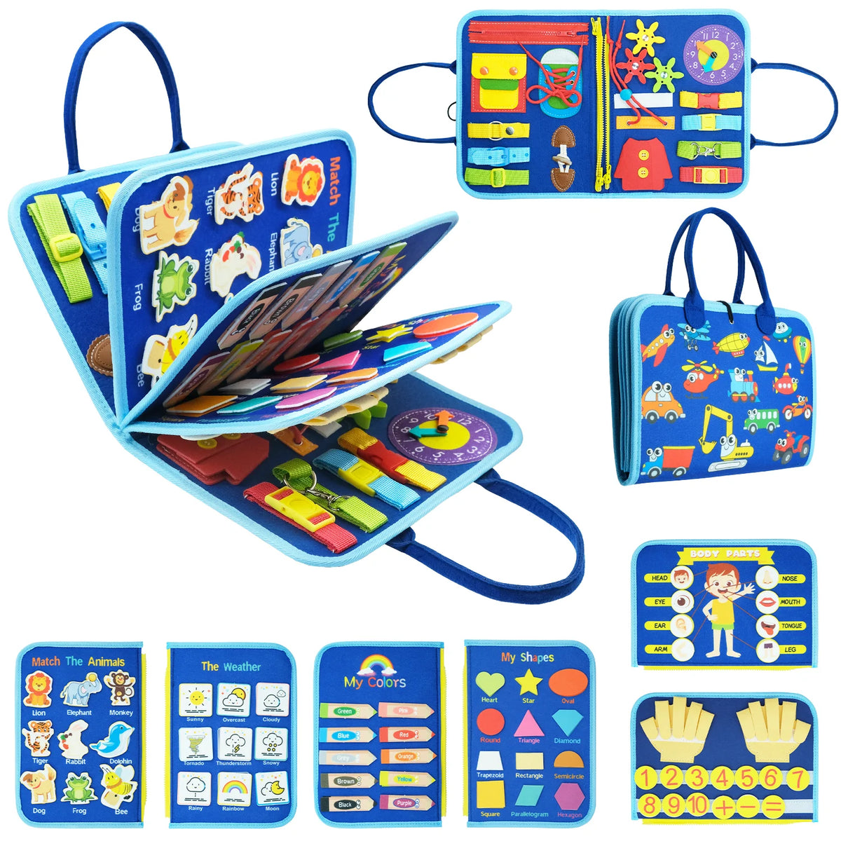 A set of Montessori busy boards for toddlers featuring various sensory and fine motor skills activities like matching animals