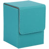 A teal leather deck box with a stitched edge, designed to hold trading cards.