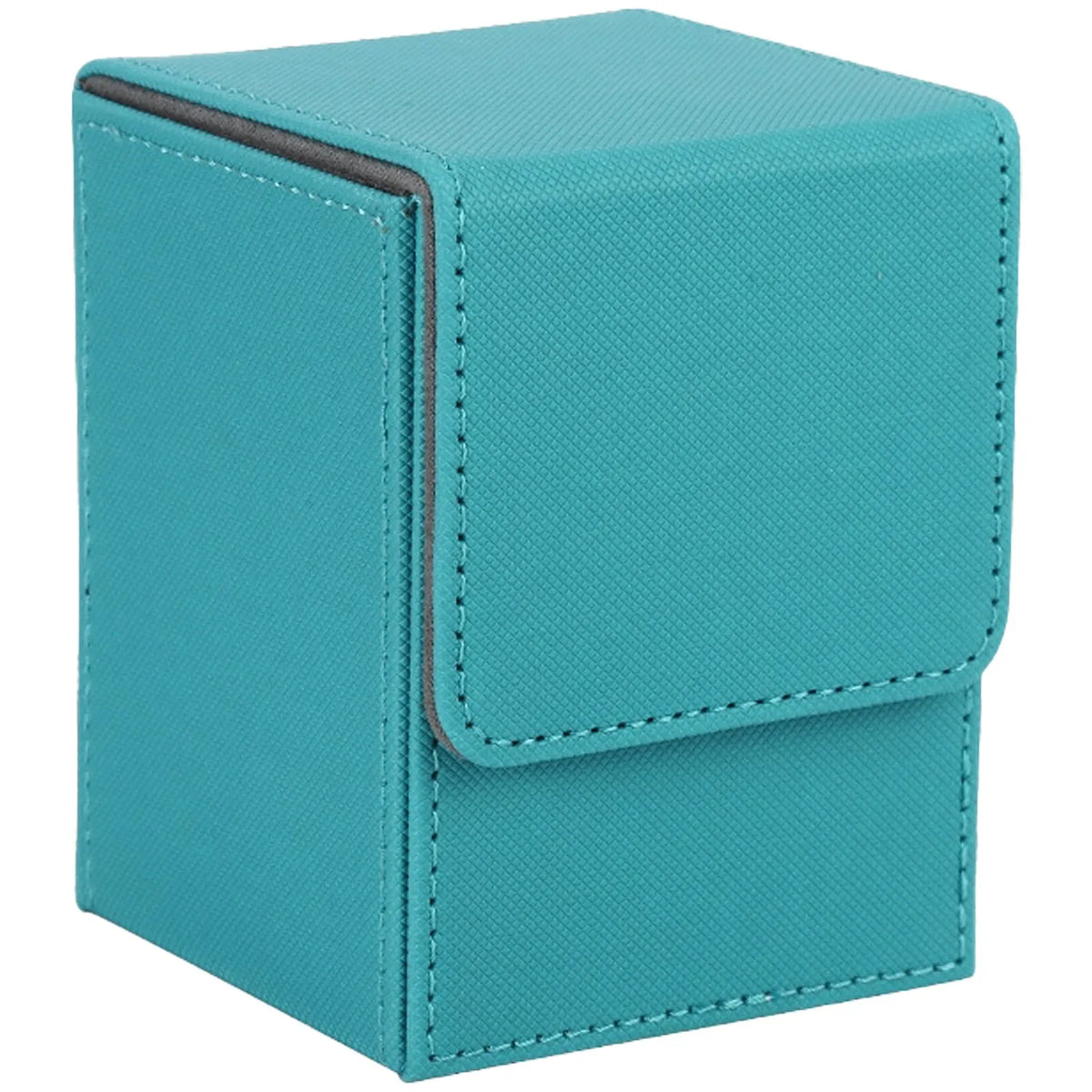 A teal leather deck box with a stitched edge, designed to hold trading cards.