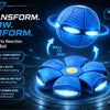 A blue sports reaction training ball is shown with a dual-form switch and LED lights, demonstrating its transformable feature