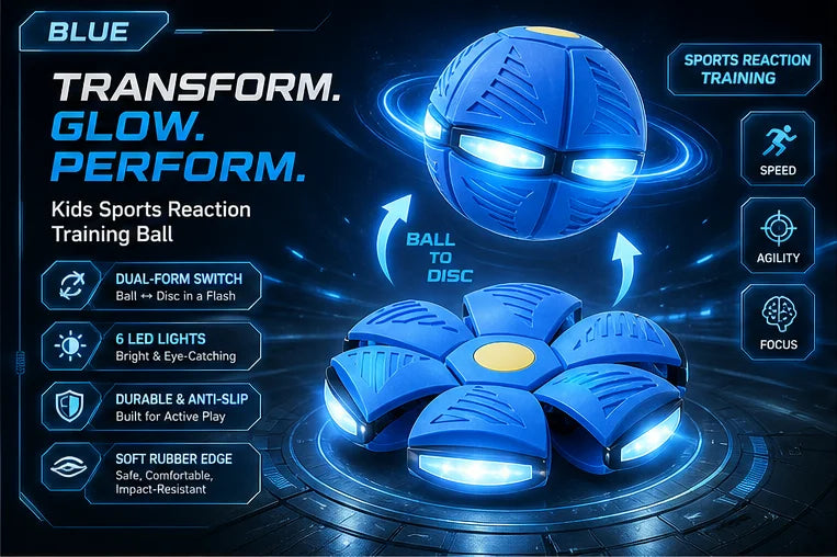 A blue sports reaction training ball is shown with a dual-form switch and LED lights, demonstrating its transformable feature