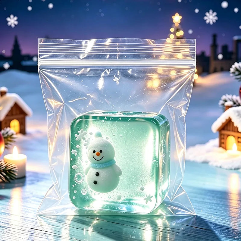 A glowing teal fidget cube shaped like a snowman is visible inside a clear plastic pouch against a snowy, festive background.