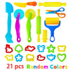 A set of 21 random colored dough tools for kids including cutters, a rolling pin, and an extruder.