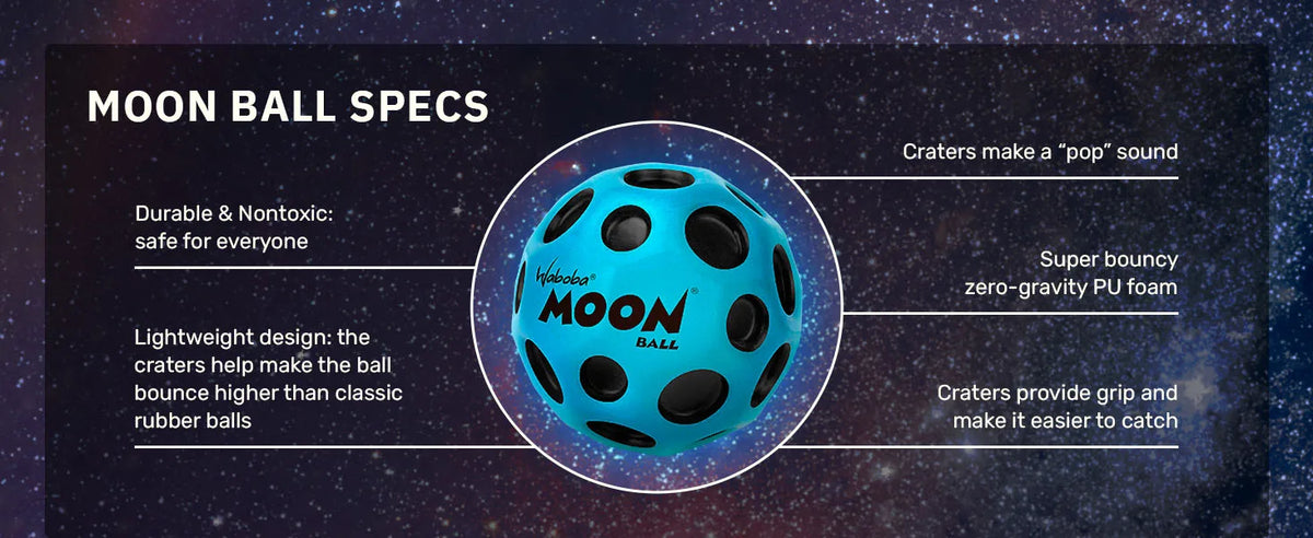 A blue Moon Ball foam ball is shown with text describing its durable design and features.