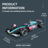 A detailed 1:8 large size building blocks racing car model in blue and black on a dark background.