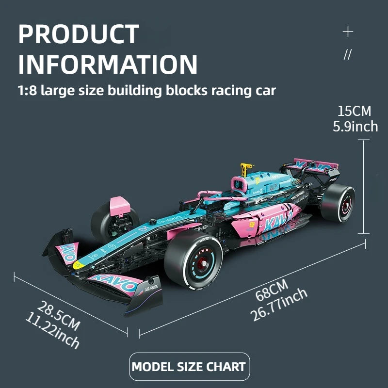 A detailed 1:8 large size building blocks racing car model in blue and black on a dark background.