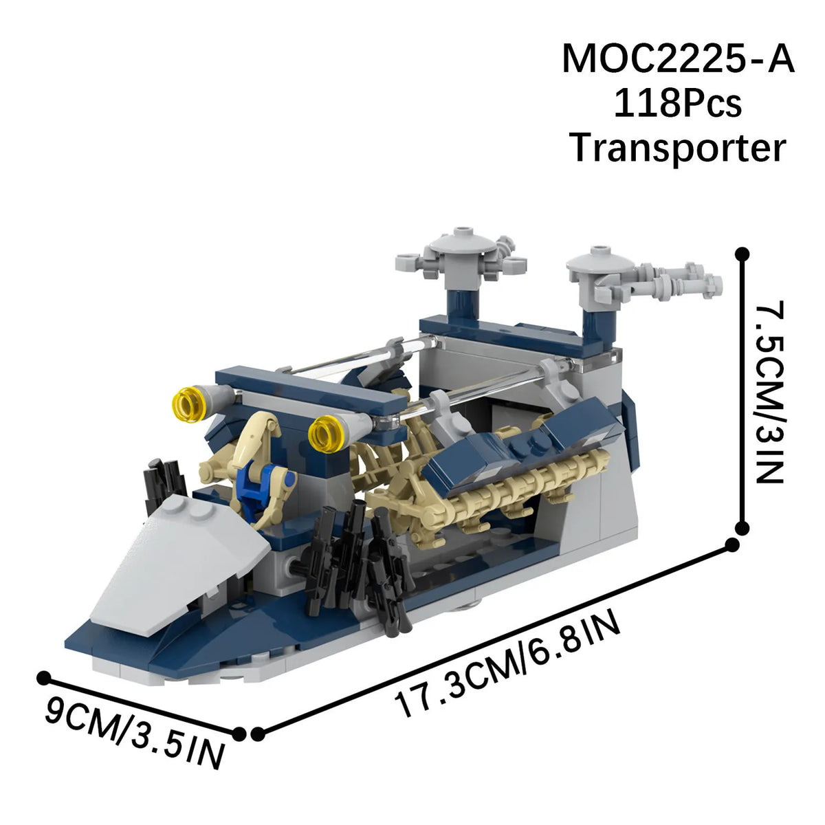 A blue and gray military combat unit building block set featuring a robot platoon on a transport warship.
