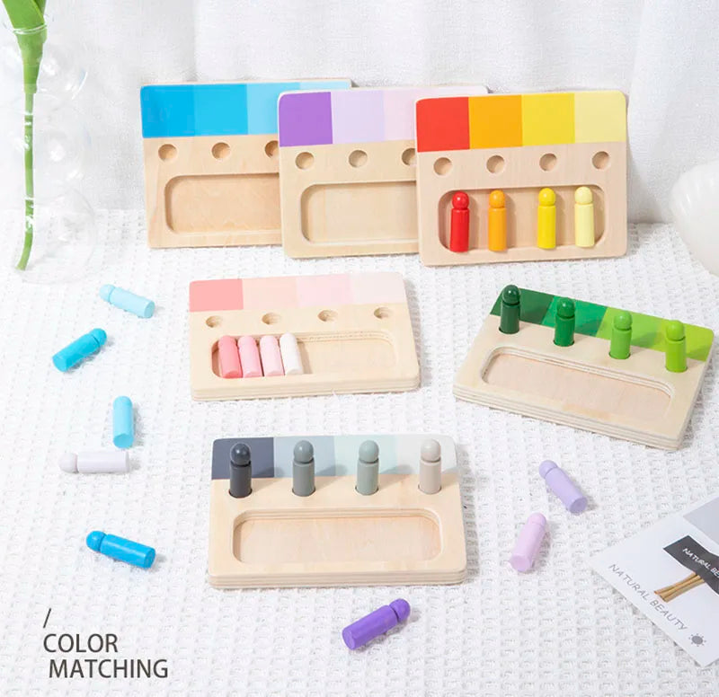 Wooden color matching toy featuring various colored blocks and inserts for learning