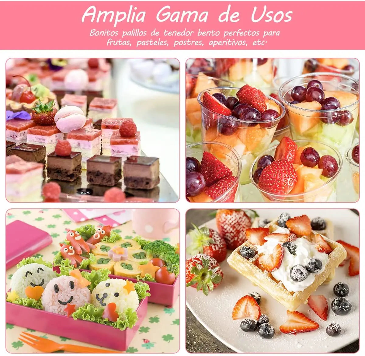 A set of kawaii mini fruit forks and related items for food presentation