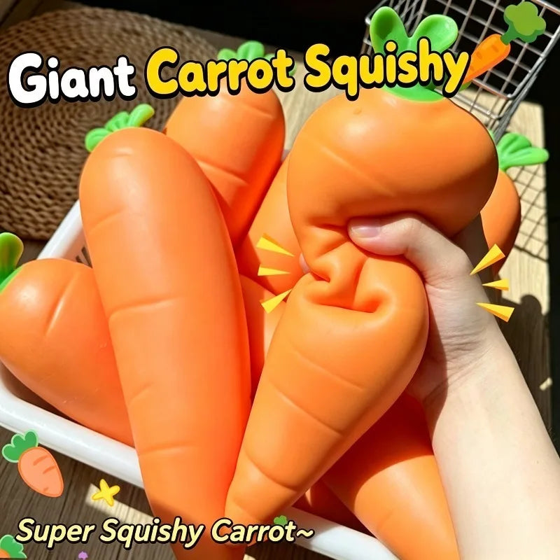 An orange squishy toy shaped like a giant carrot is being squeezed by a hand.