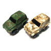 A set of two glowing LED race track cars, one green and one beige camouflage color.