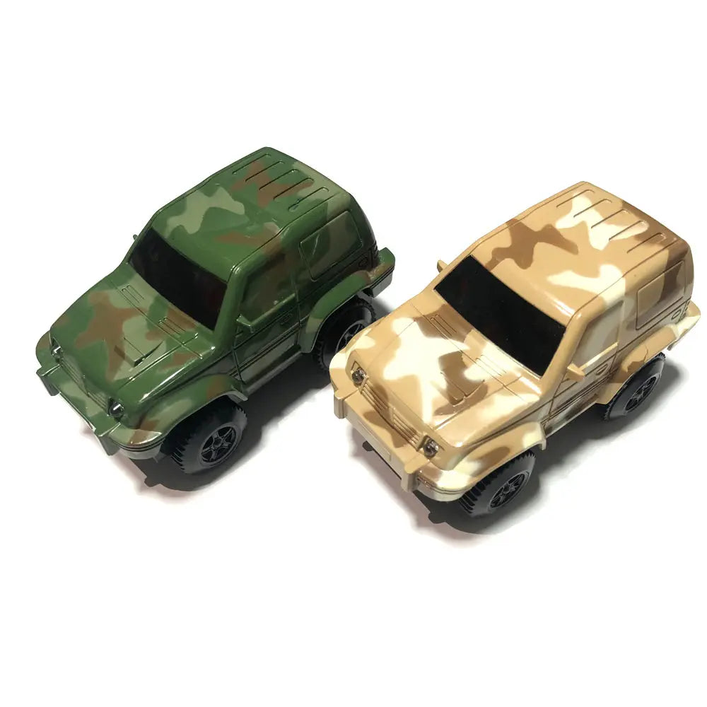 A set of two glowing LED race track cars, one green and one beige camouflage color.