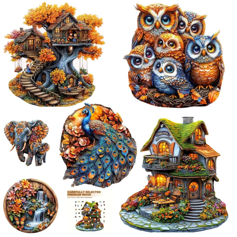 Premium Wooden Jigsaw Puzzle – Villa Peacock Owl Landscape