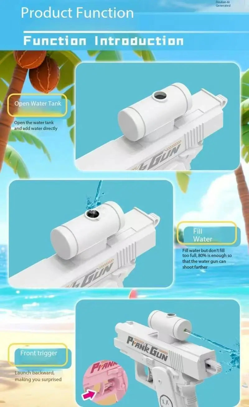 A white two-way press and spray water gun is shown with instructions for filling the tank and using the front trigger to laun