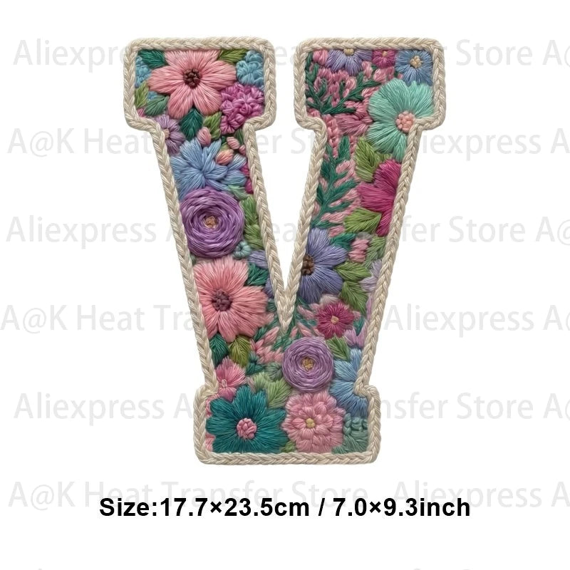 Floral letter V patch made of fabric for DIY clothing and accessories