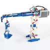 A gray and blue motorized building block set featuring a robotic arm structure.