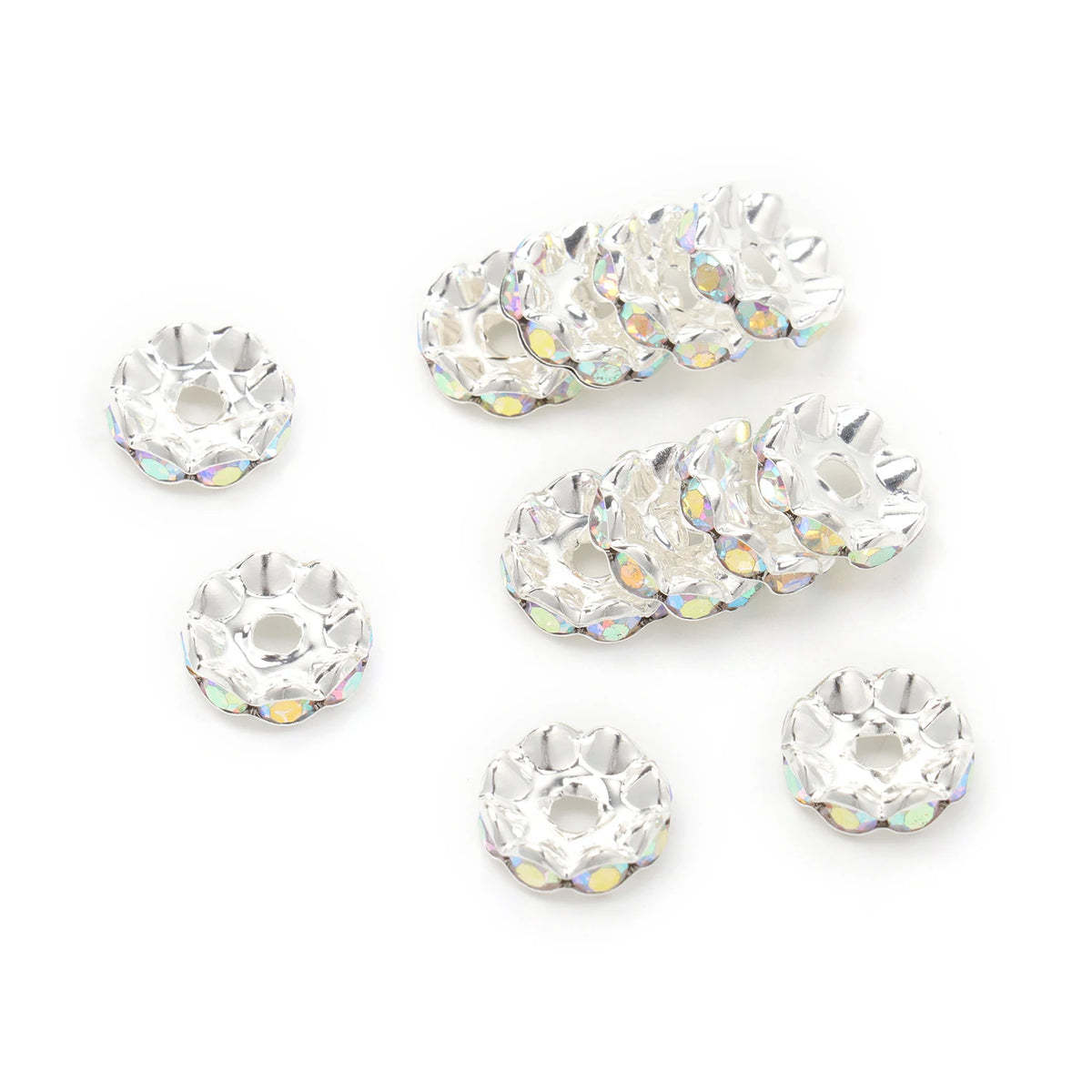 A collection of 12mm crystal rhinestone spacer beads for jewelry making, displayed on a white background.