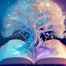 A detailed diamond painting kit featuring a moonlit tree landscape with iridescent blue and purple rhinestones on an open boo