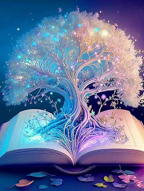 A detailed diamond painting kit featuring a moonlit tree landscape with iridescent blue and purple rhinestones on an open boo