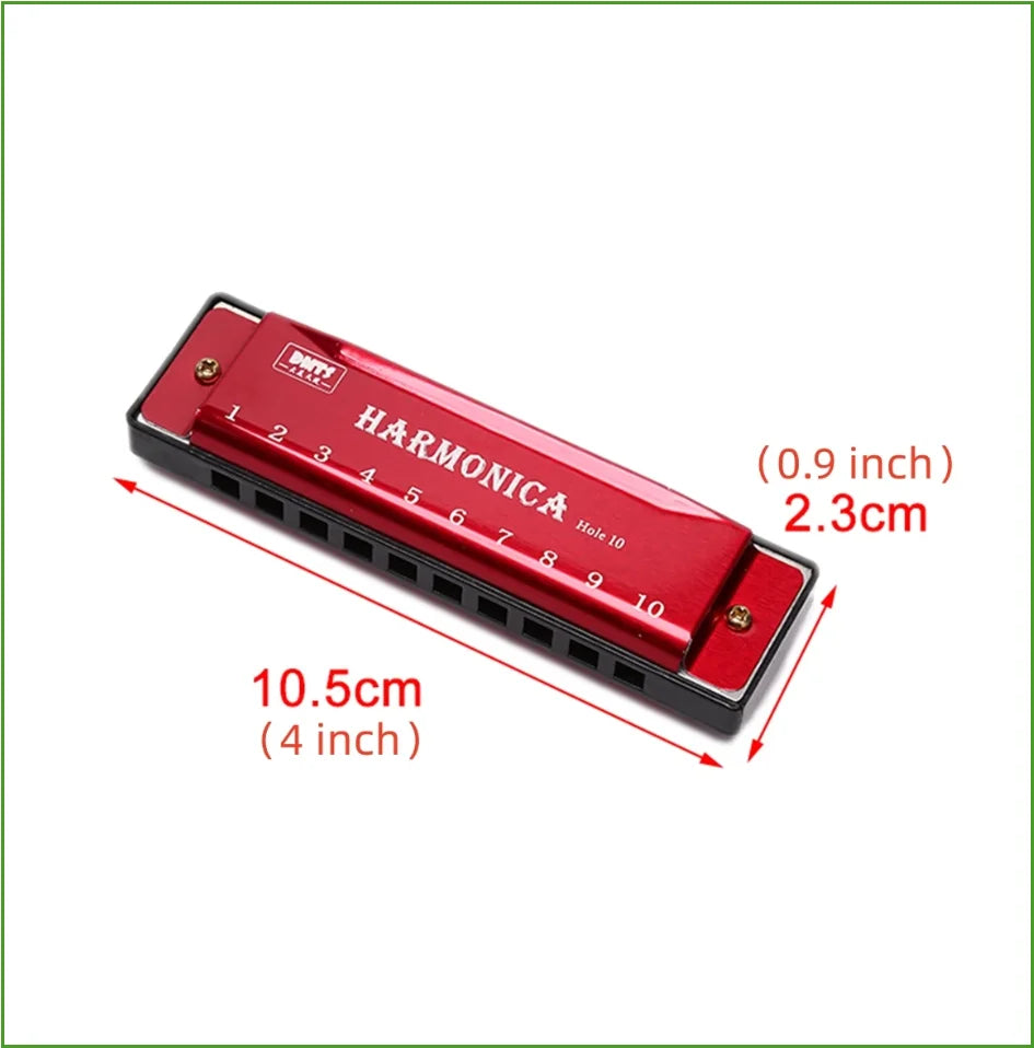 A red harmonica with ten holes is shown, measuring 10.5cm (4 inch) long.