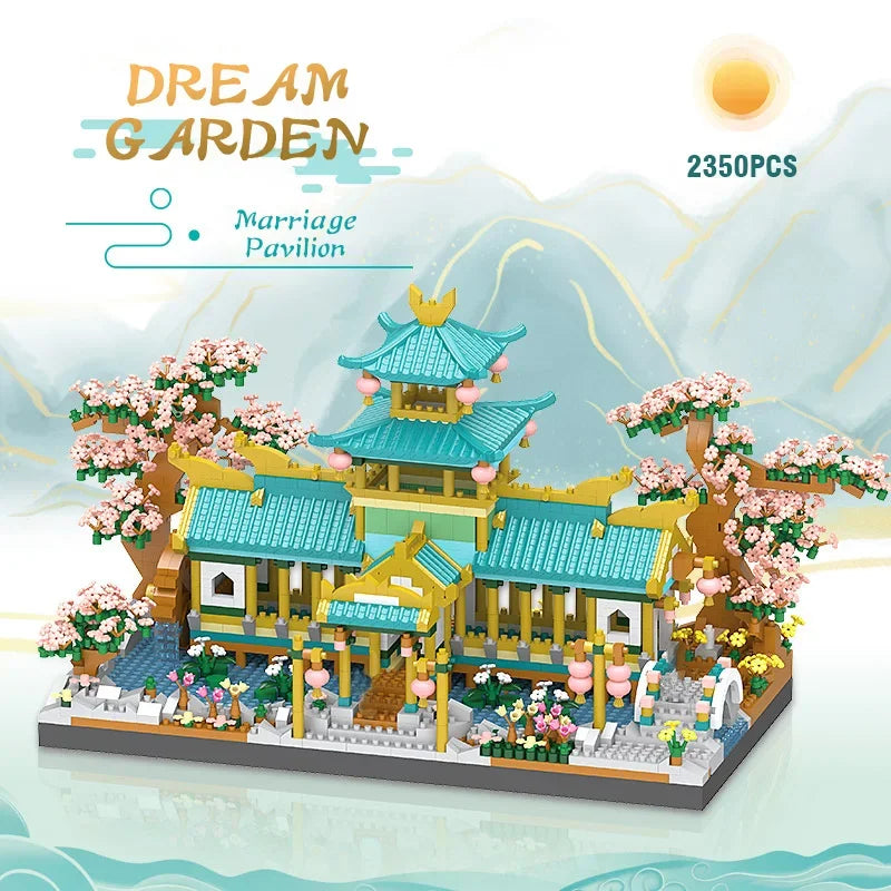 A detailed micro building block set of a Chinese marriage pavilion with a tiled roof and surrounding garden scenery.