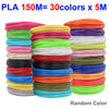 A stack of 30 colorful PLA filaments in various colors and thicknesses, ready for 3D printing.