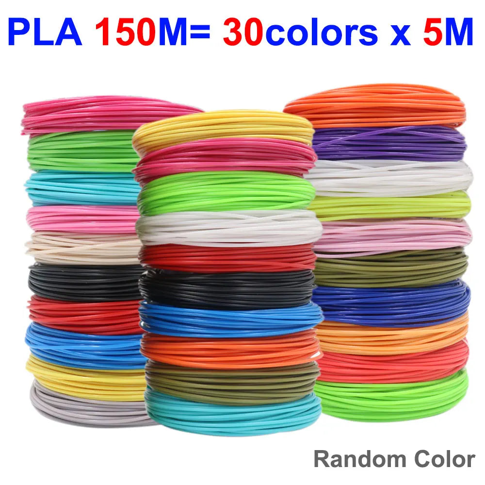 A stack of 30 colorful PLA filaments in various colors and thicknesses, ready for 3D printing.