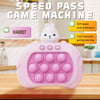 A pink rabbit-themed Pop It game machine is shown on a wooden surface with text indicating 50+ levels and touch sensitivity.