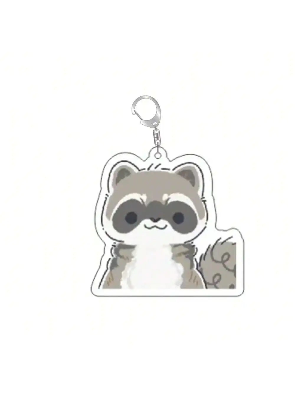 A cute raccoon charm with a hanging loop on an acrylic keychain.