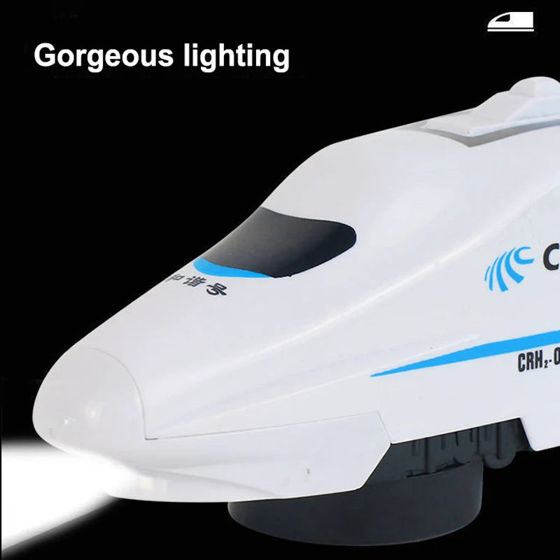 A white electric high-speed railway train toy is shown emitting a bright light.
