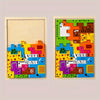 A colorful wooden tangram puzzle set featuring various animals, vehicles, and sea life shapes.
