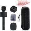 A set of microphone accessories including a handheld adapter, sponge cover, hair cover, flag, and storage bag.
