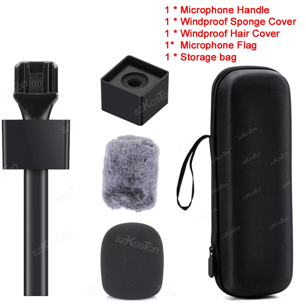 A set of microphone accessories including a handheld adapter, sponge cover, hair cover, flag, and storage bag.