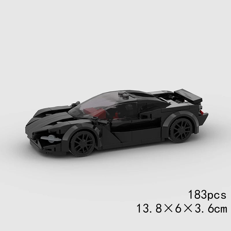 A black classic rally car building block set with a transparent red cockpit and wheels.
