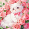 A white kitten is nestled among a vibrant bouquet of pink and coral roses.