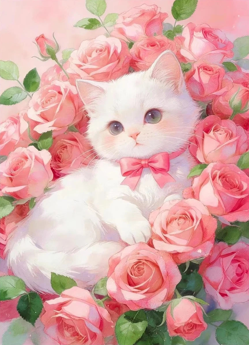 A white kitten is nestled among a vibrant bouquet of pink and coral roses.